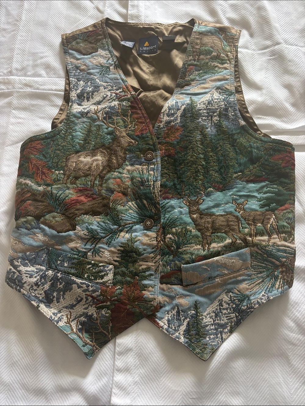 Vintage LIZSPORT Tapestry Nature Elk Deer Mountain Brown 80s Sz 8 P